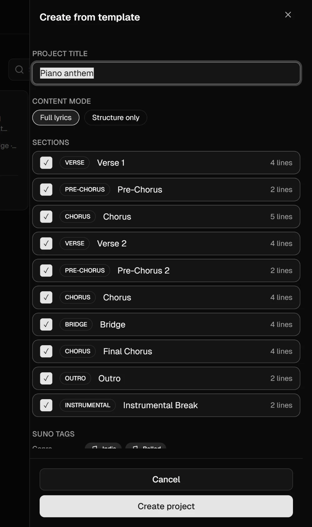 The Create from template sheet with Project title, Content mode set to Full lyrics, the list of sections and the Suno tags