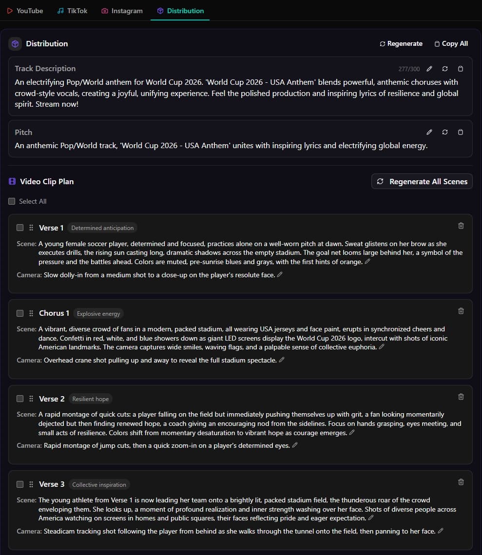 The Video Clip Plan editor showing scenes for each song section