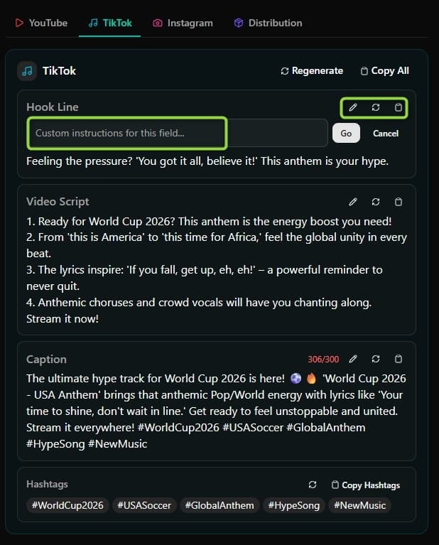 Generated prompts for a scene with copy-paste buttons