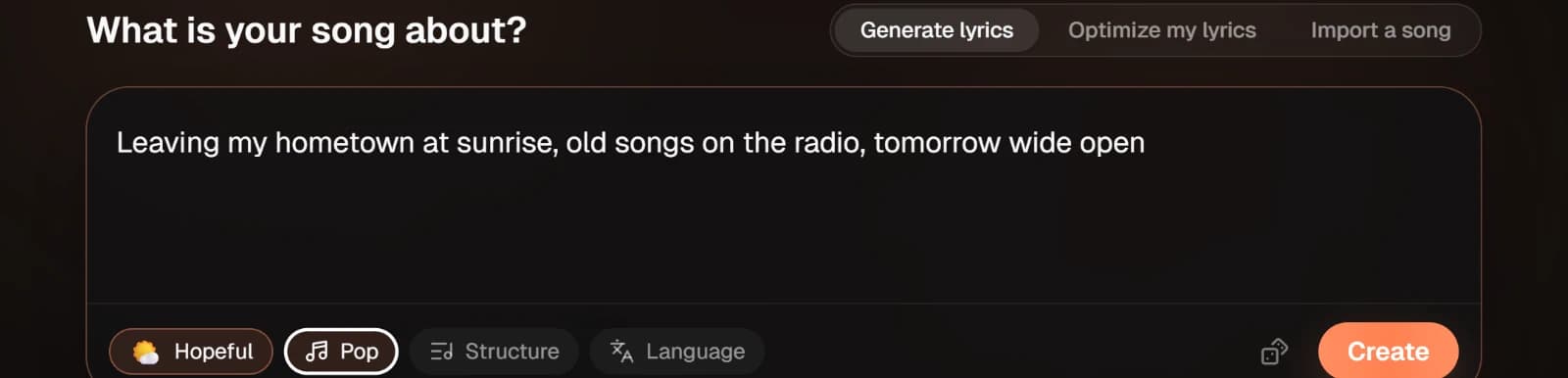 The idea box on My Studio with a one-line idea about leaving a hometown at sunrise typed in