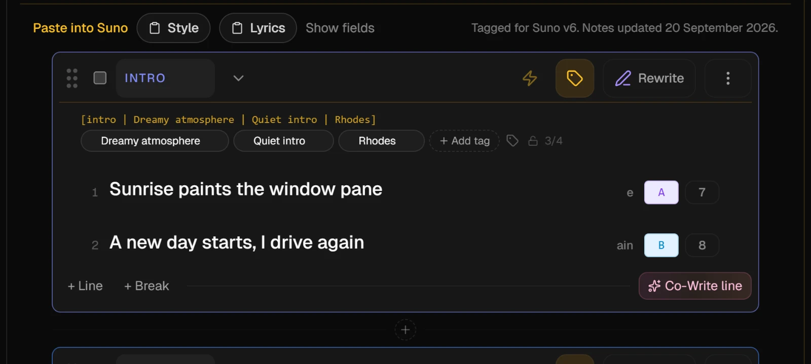 The first drafted section of the new song on the Sunofy tab, with its Suno tags above the lines