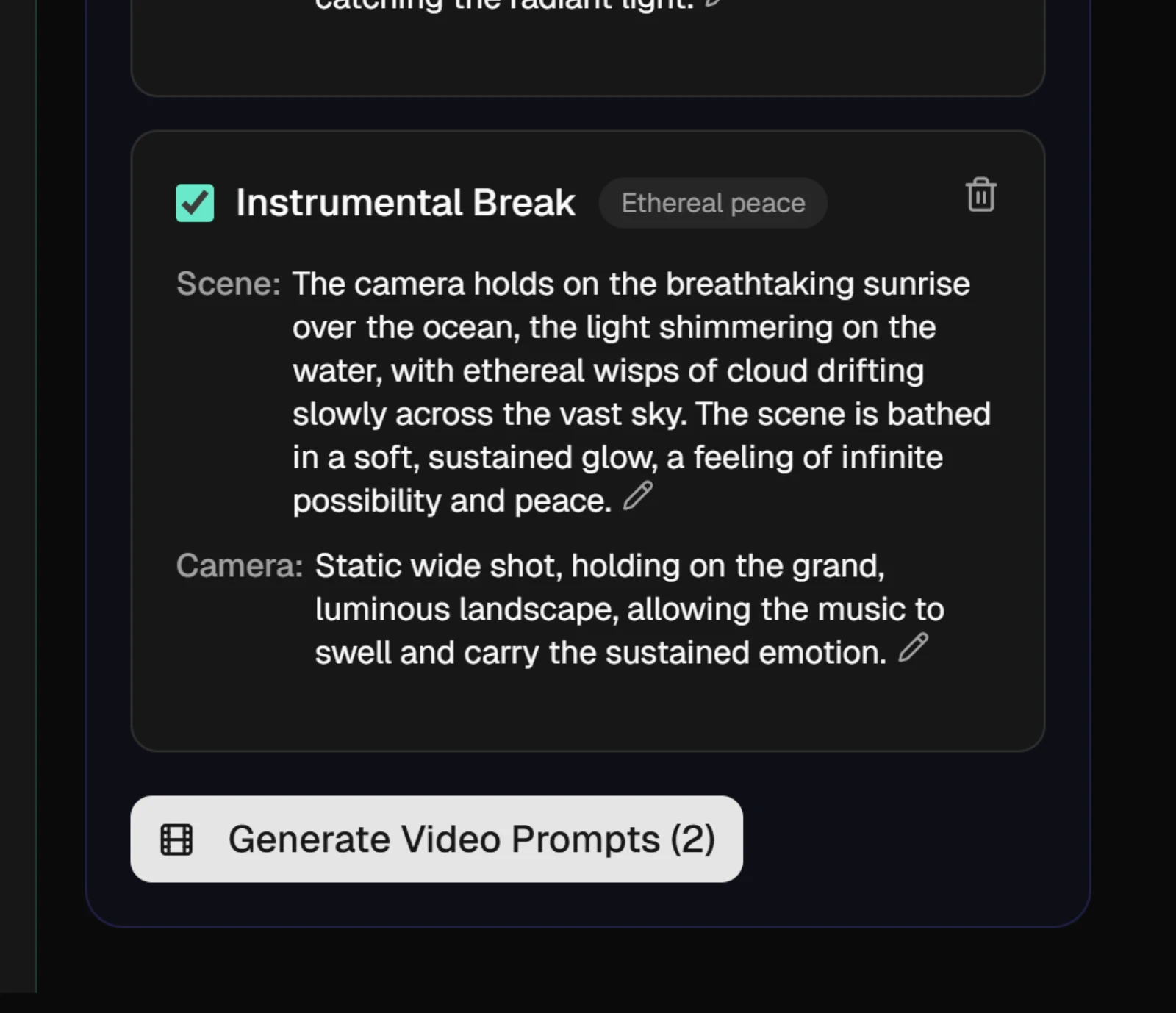 A ticked scene card in the Video Clip Plan, with its mood chip, Scene and Camera, above Generate Video Prompts (2)