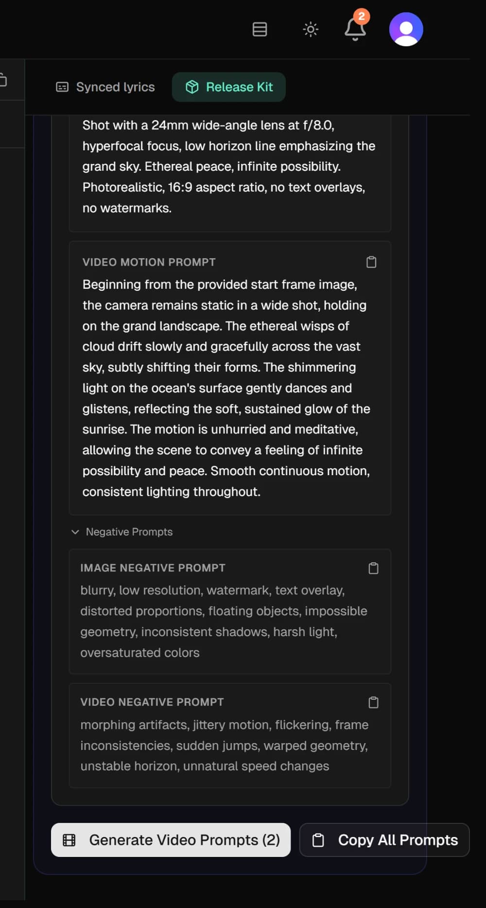 A scene card with its Start Frame Prompt and Video Motion Prompt, the Negative Prompts section open, and Copy All Prompts below
